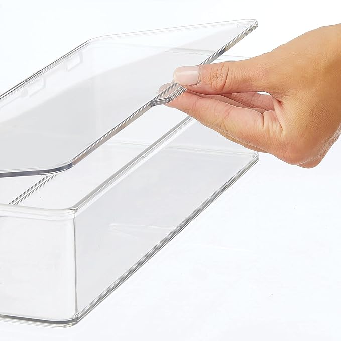 mDesign Office Supplies Desk Organizer Box with Lid for Staplers, Scissors, Pens, Sticky Notes, Highlighters, Tape - 3" Tall, Long, Clear