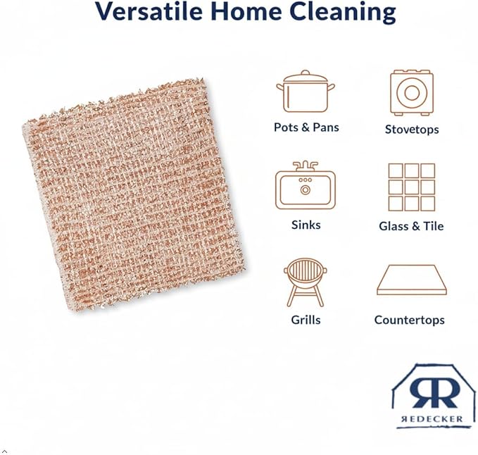 Redecker XL Copper Scrubbing Cloths – 2-Ply Woven Real Copper Cleaning Pads, 10 x 10 inches, Reusable, Non-Scratch, Machine Washable – Durable Scrubbers for Pots, Pans, Sinks & Glass – Set of 2