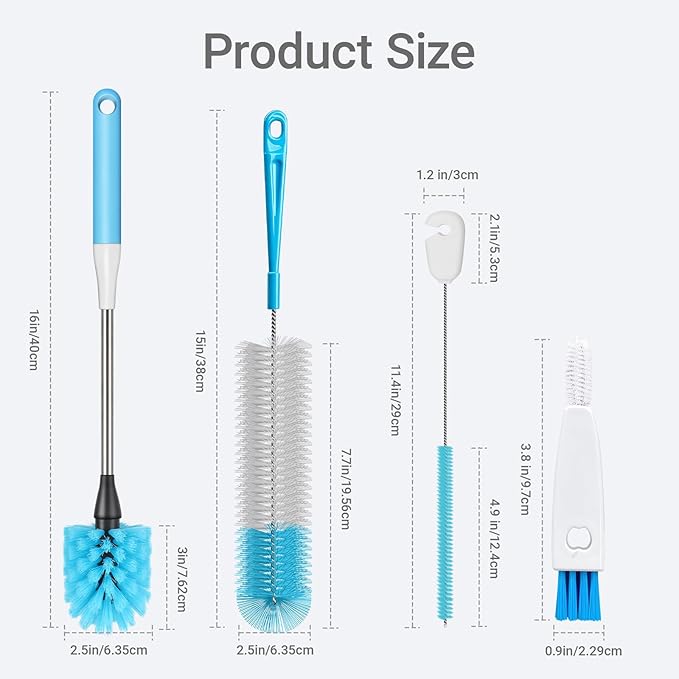 4-in-1 Bottle Brush, 16 Inches Stainless Steel Bottle Cleaner Brush with Long Handle Narrow Neck Bottle Brush, Straw Brush & Lid Brushe for Cleaning Wine Glasses,Coffee Mugs,Tumblers,Wine Decanters