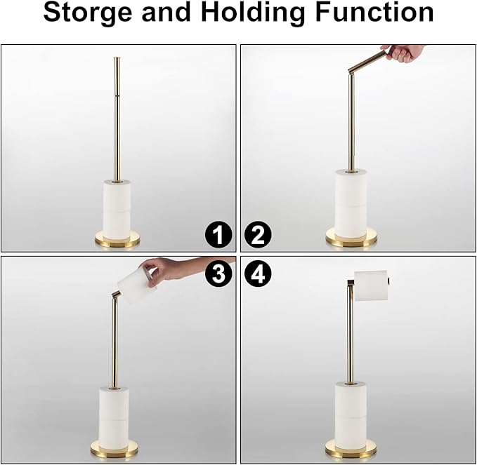 BGL Toilet Paper Holder Standing On Floor Polished Gold, Tissue Holder On Floor with Reserve Storage Paper Rolls, Free-Standing Roll Paper Holder