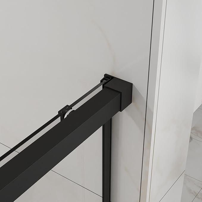 Semi-Frameless Shower Door 48" W x 72" H, 1/4" Clear Tempered Glass, Sliding Design, Reversible Installation, Matte Black Finish, Space-Saving Glass Shower Door for Small Bathrooms