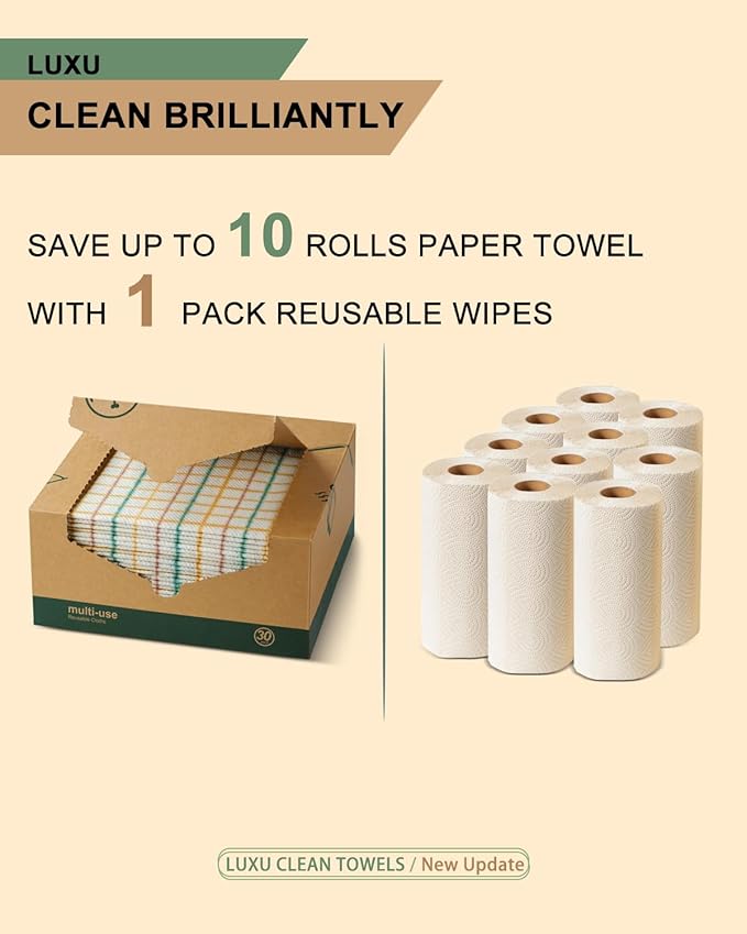 LUXU Reusable Cleaning Wipes,Dry Multi-Use Reusable Cloths,60 Count,Heavy Duty Reusable Cleaning Cloths,Domestic Cleaning Towels,Biodegradable Dish Paper Towels