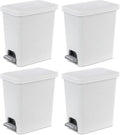Sterilite 2.7 Gallon Rectangular Step On Kitchen Trash Bin Plastic Indoor Wastebasket with Removable Liner and Bag Holding Feature, White (4 Pack)