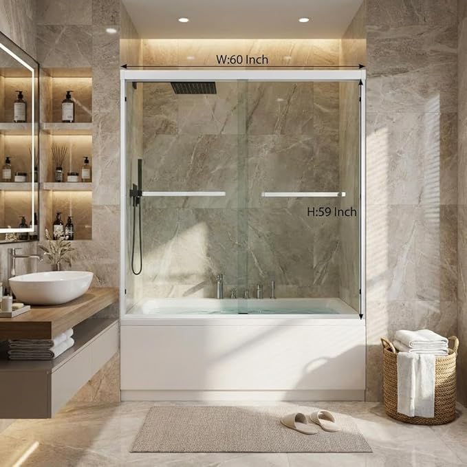 Bathtub Shower Door, 60" W x 59" H Sliding Tub Door with Dual Panels, 6mm (1/4") SGCC Tempered Glass with Explosion-Proof Film & Protective Coating, Brushed Nickel Aluminum Alloy Frame