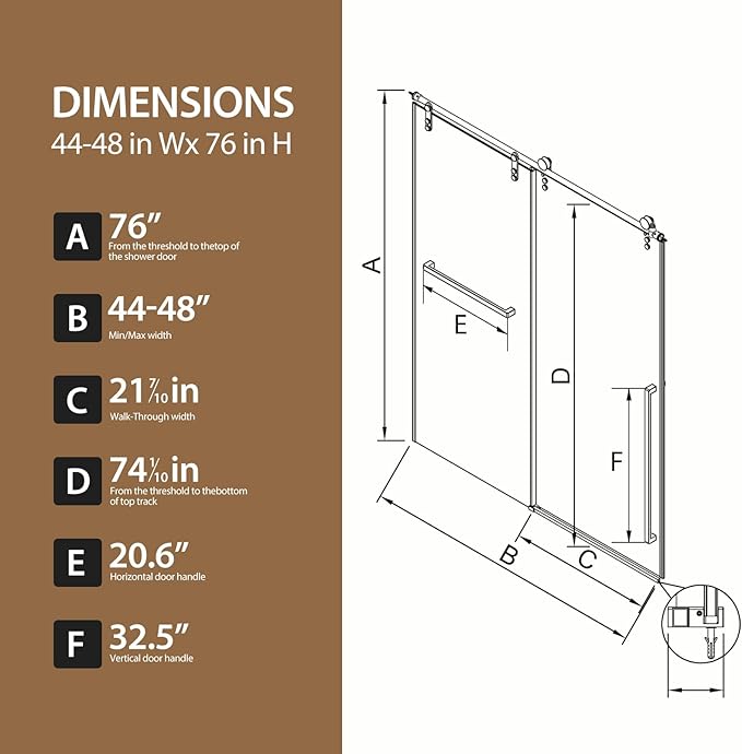 Frameless Sliding Shower Door, 44-48" W x 76" H Shower Glass Door, 5/16"(8mm) Tempered Glass Shower Doors for Walk in Shower with Explosion-Proof Film, Stainless Steel Hardware, Matte Black
