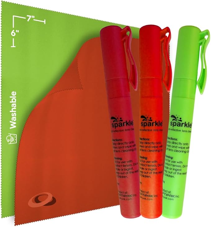 Sparkle Anti-Reflective Safe Pen Lens Cleaner Spray kit - (3) 0.3oz Glasses Cleaner Pen Spray & (2) Microfiber Cloth for Eyeglasses, Sunglasses, Lenses, Screens and Camera Cleaning Kit (5 Piece Set)
