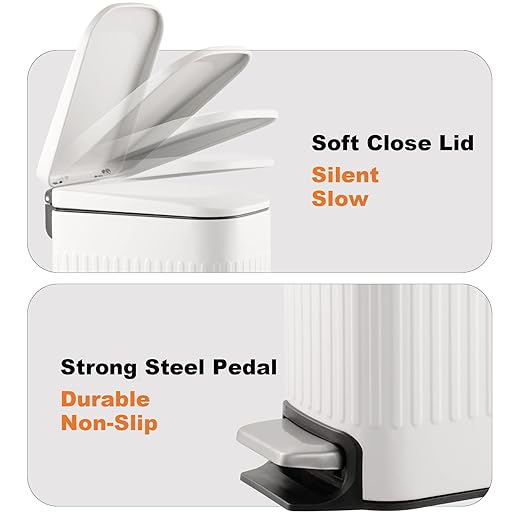 TrashAid Slim Bathroom Trash Can with Lid Soft Close, 6 Liter/1.6 Gallon Stainless Steel Small Garbage Can with Removable Inner Bucket, Step Pedal, Slim Wastebasket for Toilet, Office, Bedroom, White