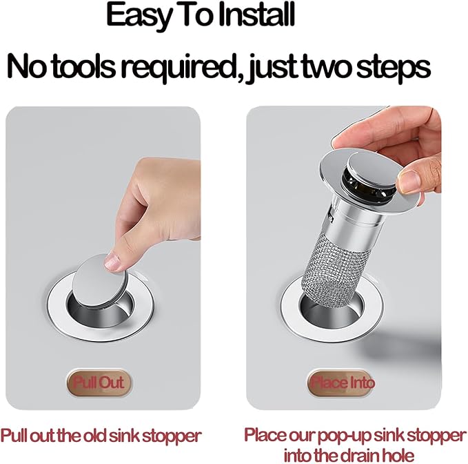 Pop Up Bathroom Sink Drain Strainer Hair Catcher, Sink Drain Stopper with Removable Stainless Steel Filter Basket, for US Universal Bathroom Kitchen Basin Sink Stopper Replacement, Silver