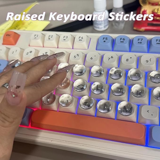 128PCS Raised Keyboard Stickers for Long Nails, Clear Silicone Keycap Bubbles with Cleaning Brush, Reusable Nail-Safe Typing Keyboard Covers for Laptop, PC, Gaming Keyboards (192 Stickers)