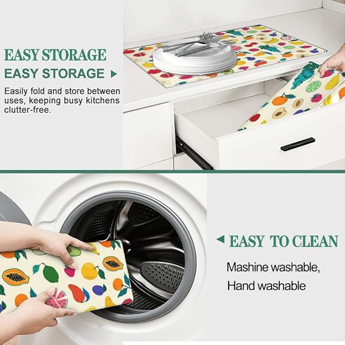 Fruit Theme Kitchen Dish Drying Mat for Counter, Dish Draining Mat Microfiber Absorbent Reusable Washable Extra Large 18"x24" (fruit, 18"x24")