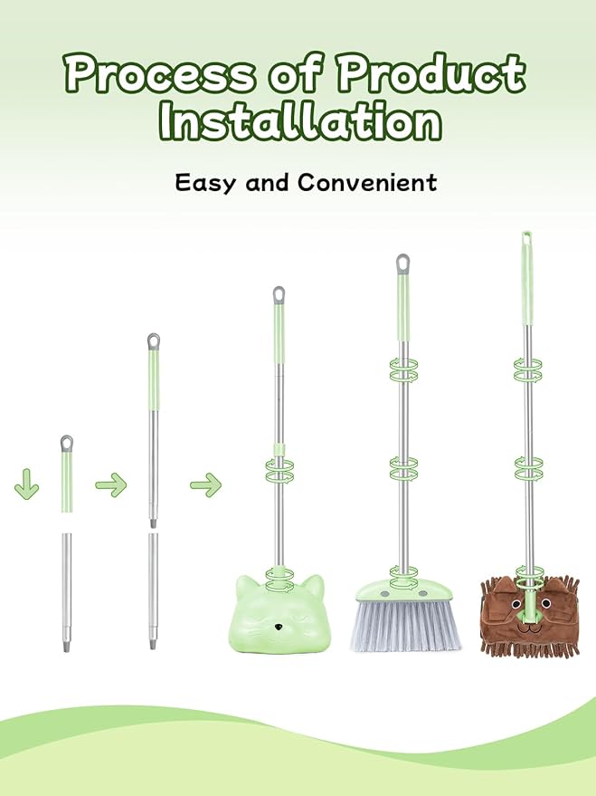 Kids Cleaning Toy 3-Piece Set - Broom, Dustpan & Mop | 28-Inch Mini Broom, Toddler Household Helper, Perfect Tool for Cleaning Tiny Corners, Adorable Cartoon Style (Green)