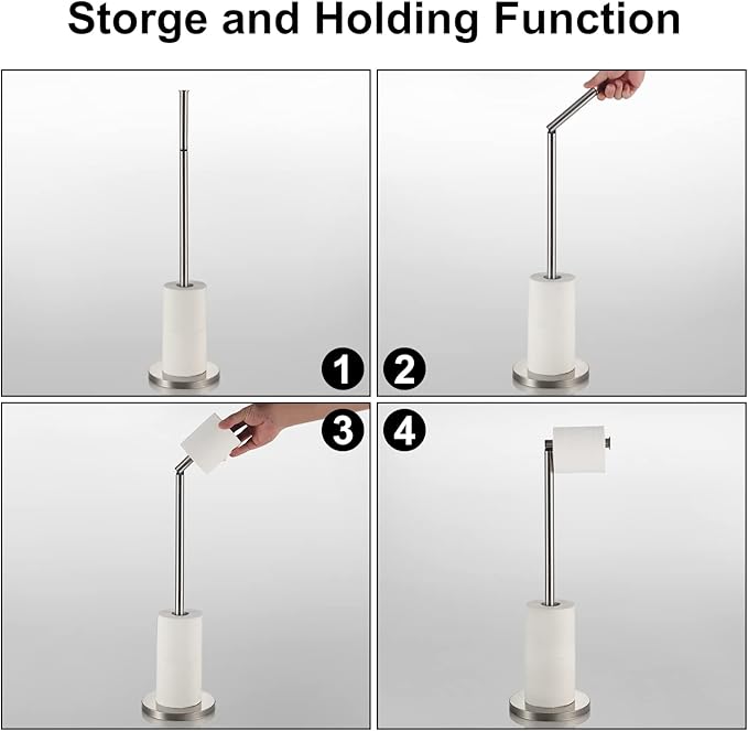 BGL Toilet Paper Holder Standing On Floor, Brushed Nickel, Tissue Holder On Floor with Reserve Storage Paper Rolls, Free-Standing Roll Paper Holder