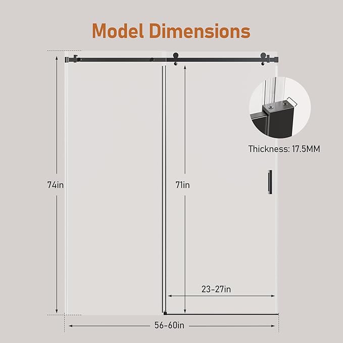 56-60 Inch Frameless Sliding Shower Door, 74" Height, 5/16" (8mm) Clear Tempered Glass, Smooth Gliding Track & Anti-Jumping System, Stainless Steel Matte Black Finish