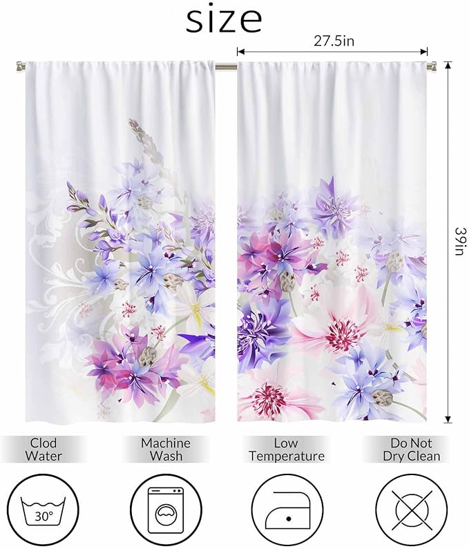 Lavender Kitchen Curtains Pastel Cornflowers Colorful Floral Short Tier Curtains for Bathroom Cafe Small Window Drapes Treatment 2 Panels (27.5x39 Inch)