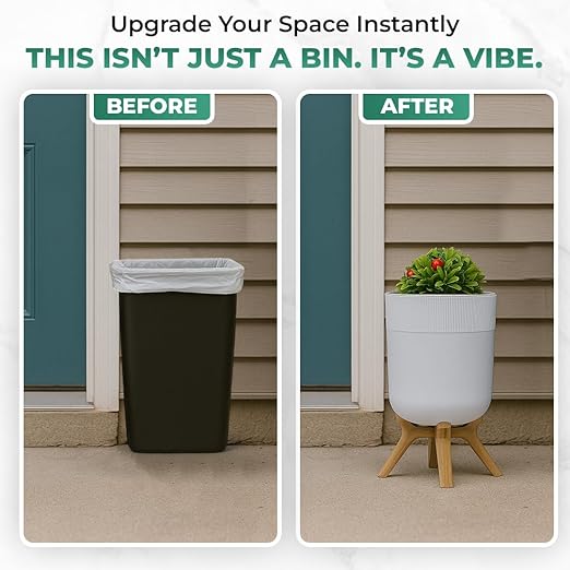 Small Bathroom Trash Can with Plant Style Lid, 1.8 Gallon, White, Small Bathroom Garbage Can, Decorative Wastebasket for Bedroom, Office, and Bathrooms, Trash Bin That Looks Like a Plant