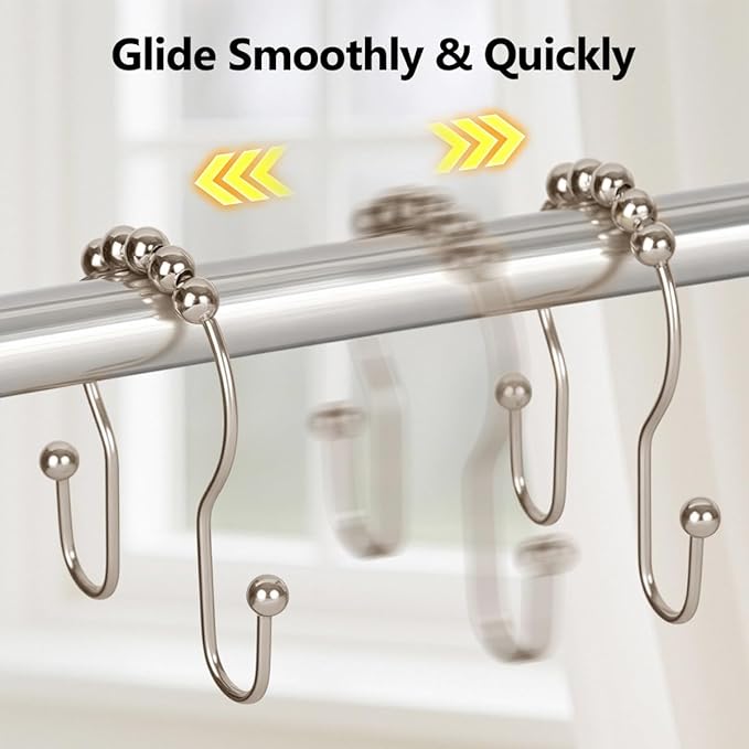 Double Shower Curtain Hooks, Sturdy Metal Nickel Shower Curtain Rings, Glide Roller Shower Hooks,Rust Proof Anti-Drop Curtain Hooks, 12 Pcs Smooth Sliding Rings for Bathroom Shower Rods Curtains