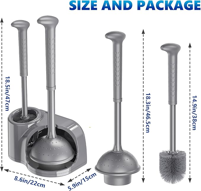 Toilet Brush and Plunger Set: 2-in-1 Heavy Duty Toilet Plunger and Bowl Brush Combo with Holder for Bathroom Cleaning - Grey