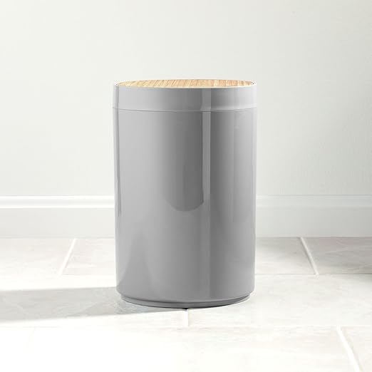 mDesign Plastic Round Trash Can Small Wastebasket - Garbage Bin Container with Swing-Close Lid - Bathroom Garbage Basket - Holds Waste, Recycling - 1.3 Gallon - Basa Collection - Gray/Natural