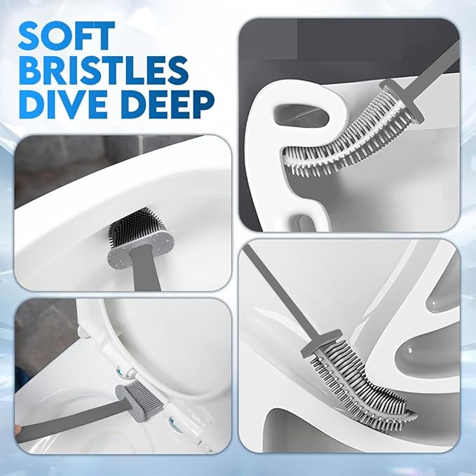 Modern Minimalist Silicone Grey Toilet Brush and Holder Set – Pack of 1 Wall Mounted Toilet Bowl Brush – Long Non-Slip Handle, Flexible Bristles for Self-Cleaning & Splash-Free, Easy-Rinse Design