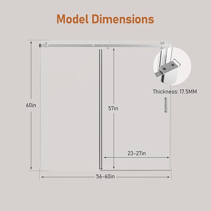 56-60 Inch Frameless Sliding Shower Door, 60" Height, 5/16" (8mm) Clear Tempered Glass Bathtub Door, Smooth Gliding Track & Anti-Jumping System, Stainless Steel Brushed Nickle Finish