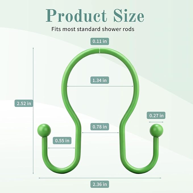 Goowin Shower Curtain Hooks, 12 Pcs Shower Curtain Rings, Stainless Steel Shower Curtain Hangers, Metal Shower Curtain Hooks Rings Rust Proof, Minimalist Shower Hooks for Shower Curtain, Green