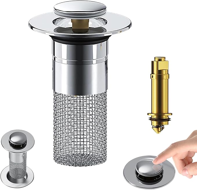 Pop Up Bathroom Sink Drain Strainer Hair Catcher, Sink Drain Stopper with Removable Stainless Steel Filter Basket, for US Universal Bathroom Kitchen Basin Sink Stopper Replacement, Silver