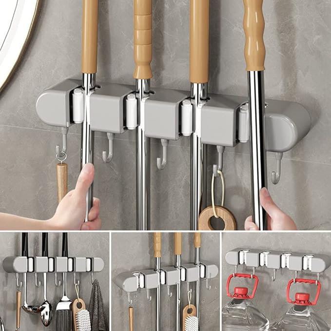 VALINK Brooms and Mop Holder Wall Mounted, Brooms Hanger for Home Garden Garage and Storage (4 Racks with 5 Hooks) Grey