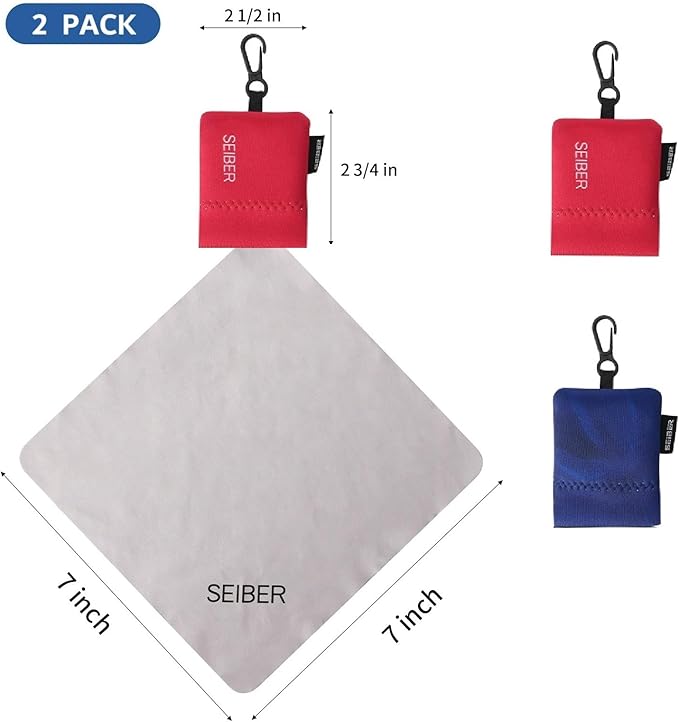 SEIBER Eyeglass Cleaning Microfiber Cloth,7 x 7 inch Glasses Cloth for Sunglasses,Laptops, Cameras,Screen- with Neoprene Pouch,Self-Closing Bottom(2PCS,RedBlue)