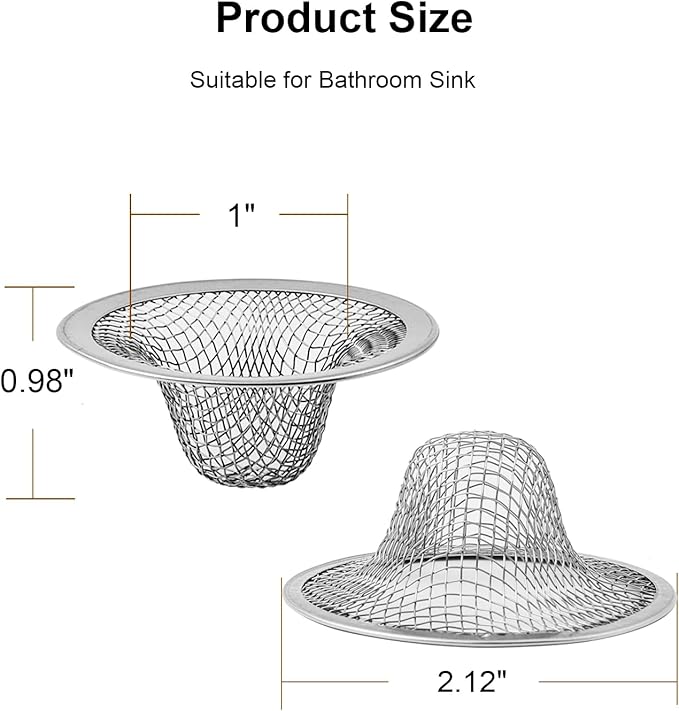 6-Pack Bathroom Mesh Sink Drain Strainer - 2.12" Top / 1" Small Stainless Steel Hair Basket Catcher for Bathroom Sink, Lavatory, Balcony, Utility, RV, Floor Drain