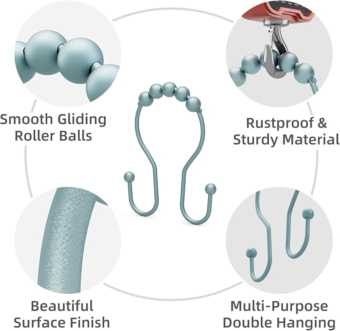 Shower Curtain Hooks, Shower Curtain Rings Rust Proof Double Hook Shower Curtain Hooks, 12 Pcs Shower Hooks for Shower Curtain, Shower Rings for Curtain, Metal Shower Rod Hooks Lightcyan