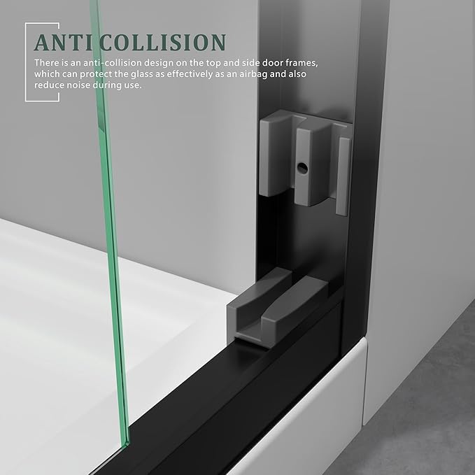 Sliding Bathtub Shower Door 56-60" Width x 62" Height With 1/4"(6mm) Clear Tempered Glass, Black Stainless Steel Hardware, Double Handles Bypass Tub Doors