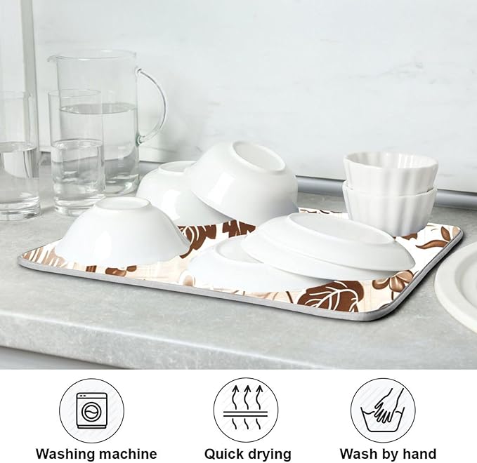Brown Beige Floral Leaves Dish Drying Mat for Kitchen Counter Absorbent Microfiber Drying Pad, Large 18x24 in