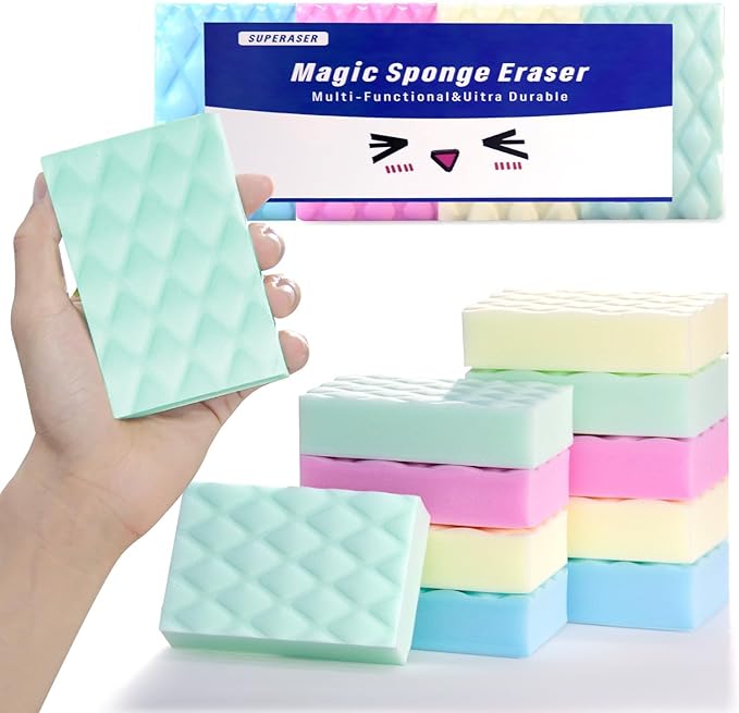 Color-Coded Magic Sponges, Assign Colors for Kitchen, Bathroom & More | Long Lasting Melamine Eraser Pads (12/Pack)