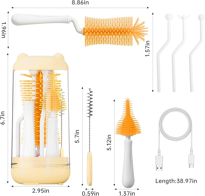 Bottle Brush Set,Travel Bottle Cleaner Kit with Baby Bottle Brush,UV Light,Straw Brush,Nipple Brush,Bottle Drying Rack for Home and Travel(Orange,Cylindrical)