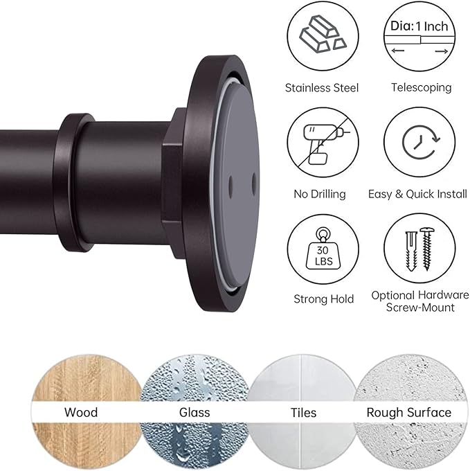 BRIOFOX Industrial Shower Curtain Rod - 2-in-1 Design Tension Curtain Rod - Never Rust Non-Slip 43 to 72 Inch Stainless Steel, Bronze Window Curtain Rod