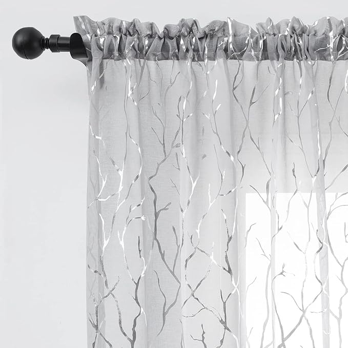 FINECITY Sheer Grey Curtains Silver Tree Branch - Printed Artistic Branches Pattern Rod Pocket Sheer Privacy Voile Drapes 72 Inch Length for Bedroom, 52 x 72 Inch, 2 Panels
