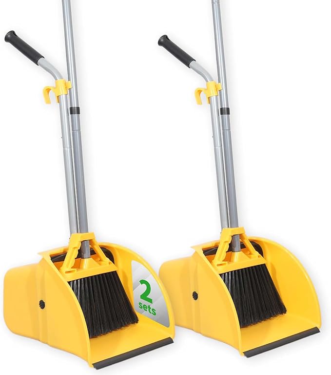 Commercial Broom and Dustpan Set Debris Dustpan with Handle,Jumbo Debris Pan, Trash Collection for Industrial/Professional Cleaning,2Sets, Yellow,Extra Big Size
