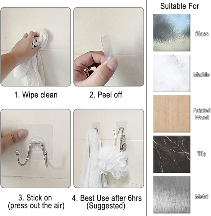15 Pack Large Double Adhesive Wall Hooks, Damage-Free Waterproof 33 Ib Max Heavy Duty Hanging Clear Seamless Sticky Utility Hooks, Towel Coats Hats Clothes Nail Free Hangers (Twin Round Head)