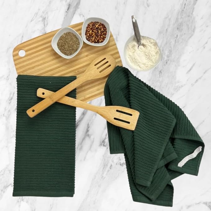 Serafina Home Dark Green Kitchen Hand Dish Towels: 100% Cotton Cloth Soft Cleaning Drying Absorbent Ribbed Terry Loop, Set of 3 Multipurpose for Everyday Use Oversized 18" x 28"