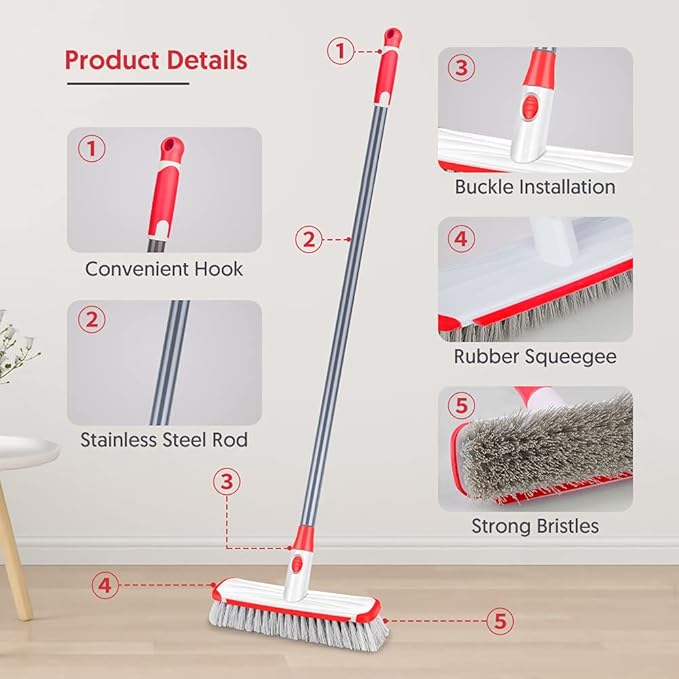 Floor Scrubber with Long Handle, 2 in 1 Scrubbing Brush Stiff Bristle Shower Cleaning Brush for Bathroom, Kitchen, Tub, Carpet, Grout, Tile(White)