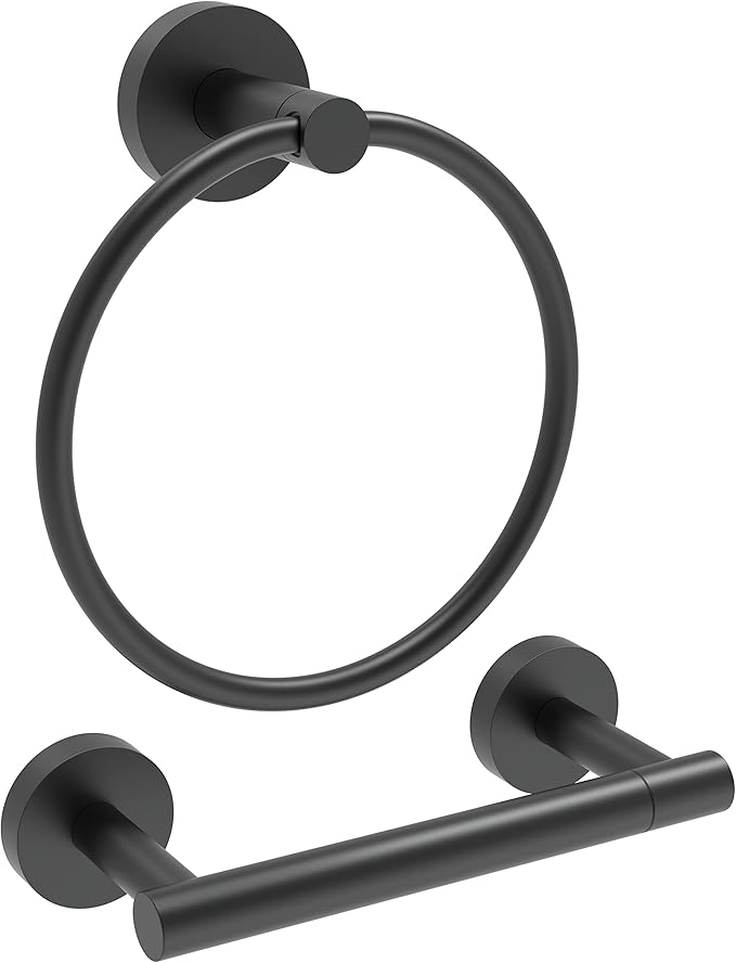 Matte Black Toilet Paper Holder & Towel Ring SUS304 Stainless Steel 2pc Bathroom Hardware Set with Double Post Pivoting Toilet Paper Roll Holder Wall Mount & Bathroom Towel Holder Set