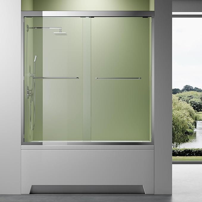 Sliding Bathtub Shower Glass Door 56-60" Width x 62" Height with 1/4"(6mm) Clear Tempered Glass,Chrome Stainless Steel Hardware Double Handles Bypass Glass Tub Doors