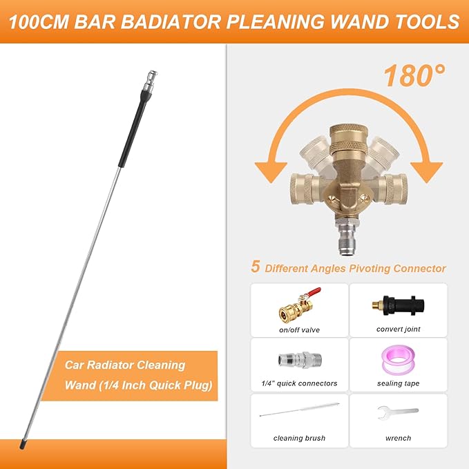40in Radiator Cleaning Wand,Water and Air Dual-Use 4500 PSI Pressure Washer Tool With 25° Fan Nozzles,4 Brass Connectors,Cleaning Brush,Wrench and Sealing Tape (14 Linear Holes)
