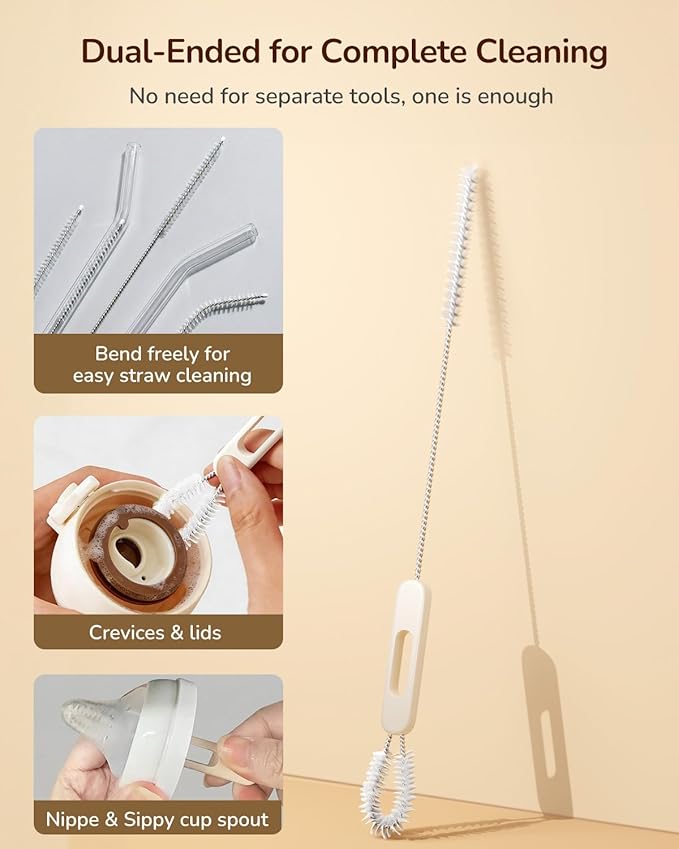 Extendable Bottle Brush with Straw Cleaner Brush, 10.8 to 14 Inches Adjustable Long Handle Water Bottle Scrubber for Cleaning Glasses, Cups, Coffee Mugs, tumblers with Replacement Head, White