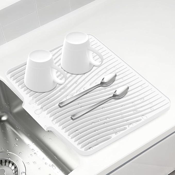 Silicone Dish Drying Mat for Kitchen Counter, Non-Slip Drain Pad, Dish Drying Pad, Easy to Clean Dish Rack Pad, Multi-Use as Heat Resistant Trivet, 15.8" x 13" , Ivory