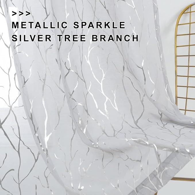 FINECITY Silver Grey Sheer Curtains 96-Inch Long - Metallic Silver Tree Bedroom Curtains Sparkle Sheer Branch Window Curtain 2 Panels for Living Room, 52 x 96 Inch, Set of 2, Grey and Silver