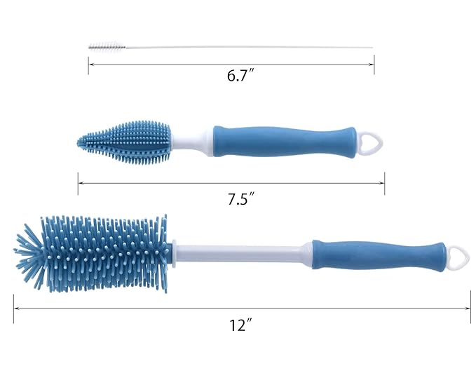 Silicone Cleaning Brush, 12" Long Handle Water Bottle Cleaner for Baby, Sports, Vase, Glassware, and Smaller Diameter Openings
