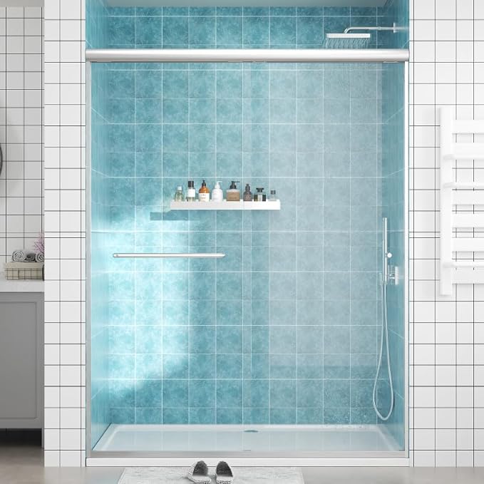 Glass Sliding Shower Door 56-60" W x 72" H, Semi Frameless Double Sliding Bathroom Shower Door, 1/4"(6mm) Clear Tempered Glass, Nano Easy Cleaning Coated, ANSI Cerified, Brushed Nickel