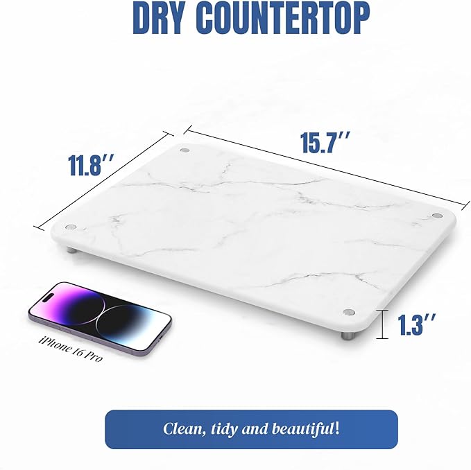 Stone Drying Mat for Kitchen Counter with Non-Slip Stainless Steel Feet, Quick Drying Diatomaceous Dish Racks for Dishes, Bottles and more, 15.7"(L)×11.8"(W), Ivory Marble