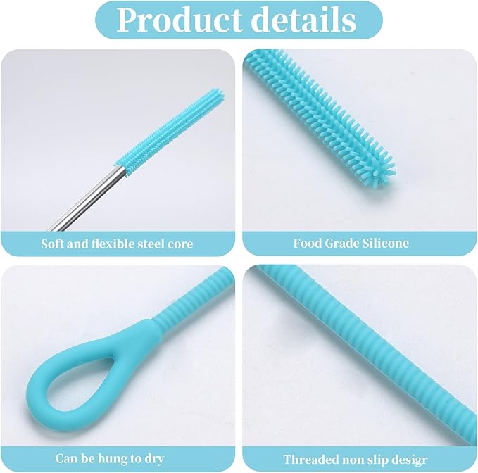 2Pcs silicone straw cleaning brushes, extra long, used for Cleaning Glass Metal Smoothie Straws and StrawCups,Non-slip Handle Soft and Bendable, 6mm+9mm. (Blue)